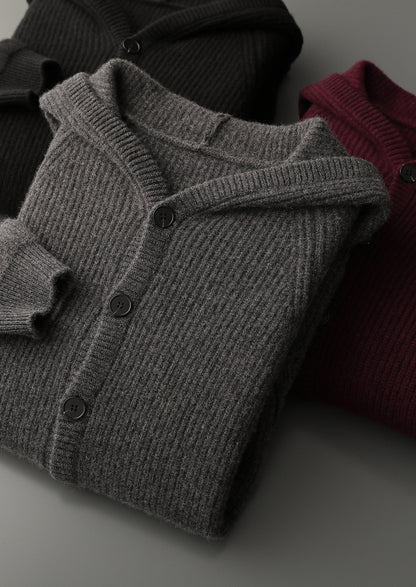 Pure Extra-Fine Merino Wool Ribbed Button Hoodie, view 15
