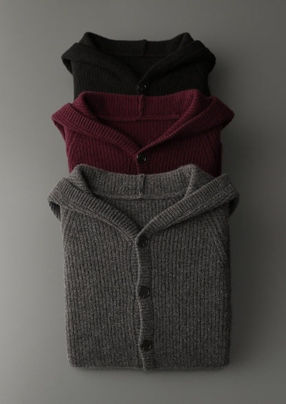 Pure Extra-Fine Merino Wool Ribbed Button Hoodie, view 14