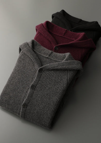 Pure Extra-Fine Merino Wool Ribbed Button Hoodie, view 16