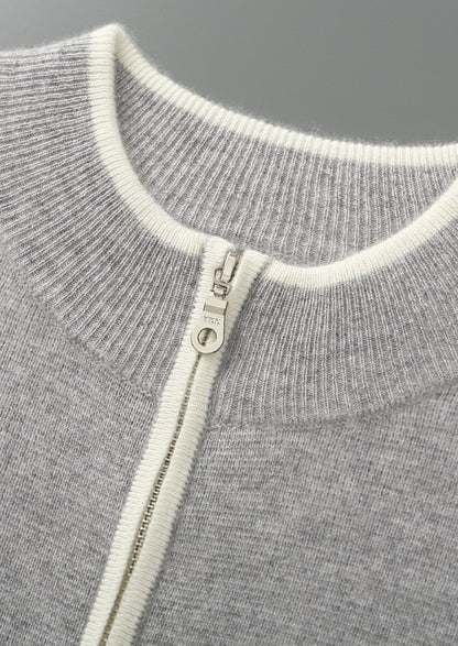 Pure Extra-Fine Merino Wool Contrast Zip Cardigan, view 6