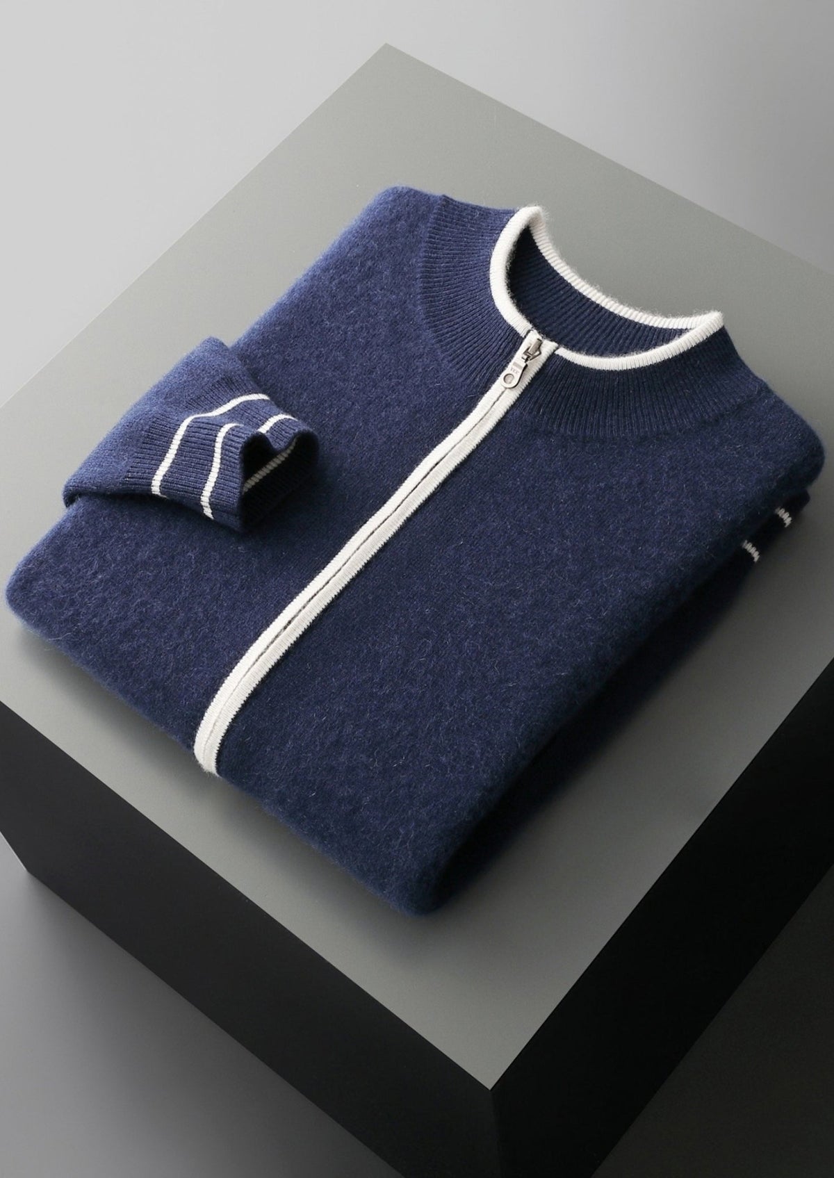 Pure Extra-Fine Merino Wool Contrast Zip Cardigan, view 28