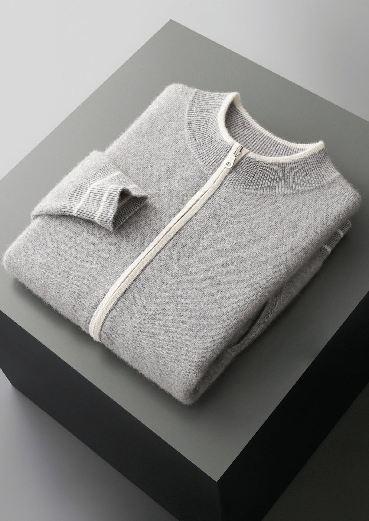Pure Extra-Fine Merino Wool Contrast Zip Cardigan, view 3