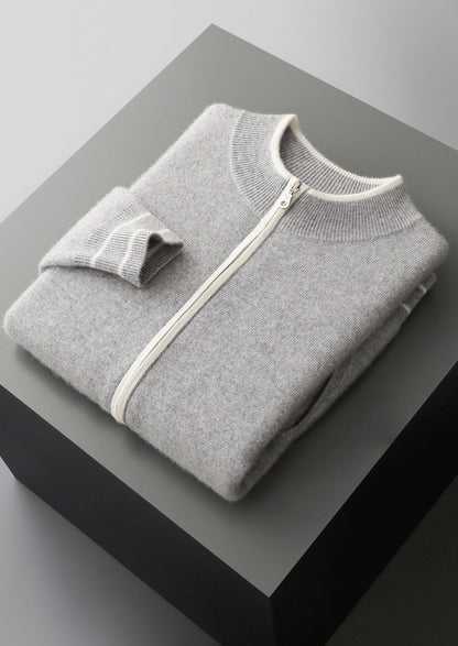 Pure Extra-Fine Merino Wool Contrast Zip Cardigan, view 3