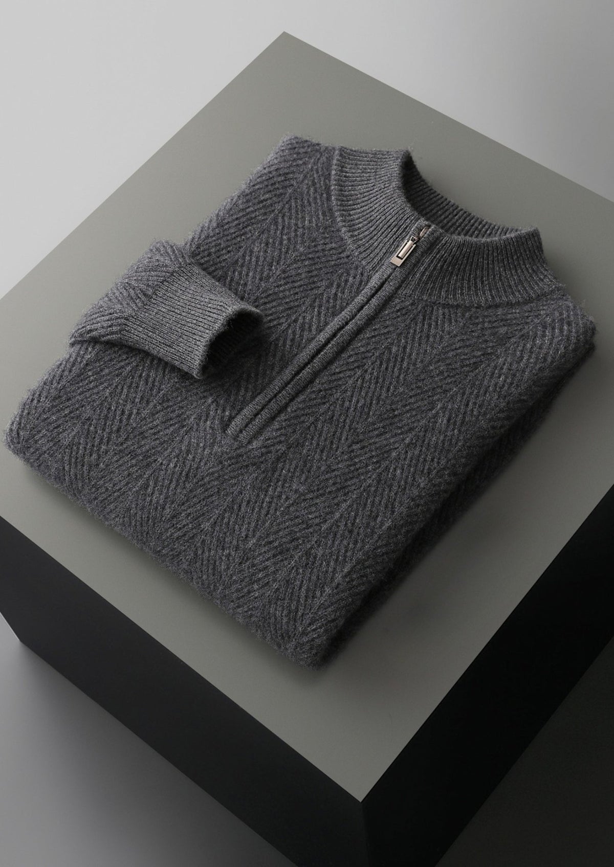 Pure Extra-Fine Merino Wool Herringbone Quarter Zip Sweater, view 15