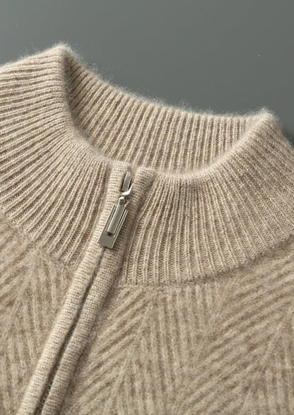 Pure Extra-Fine Merino Wool Herringbone Quarter Zip Sweater, view 6