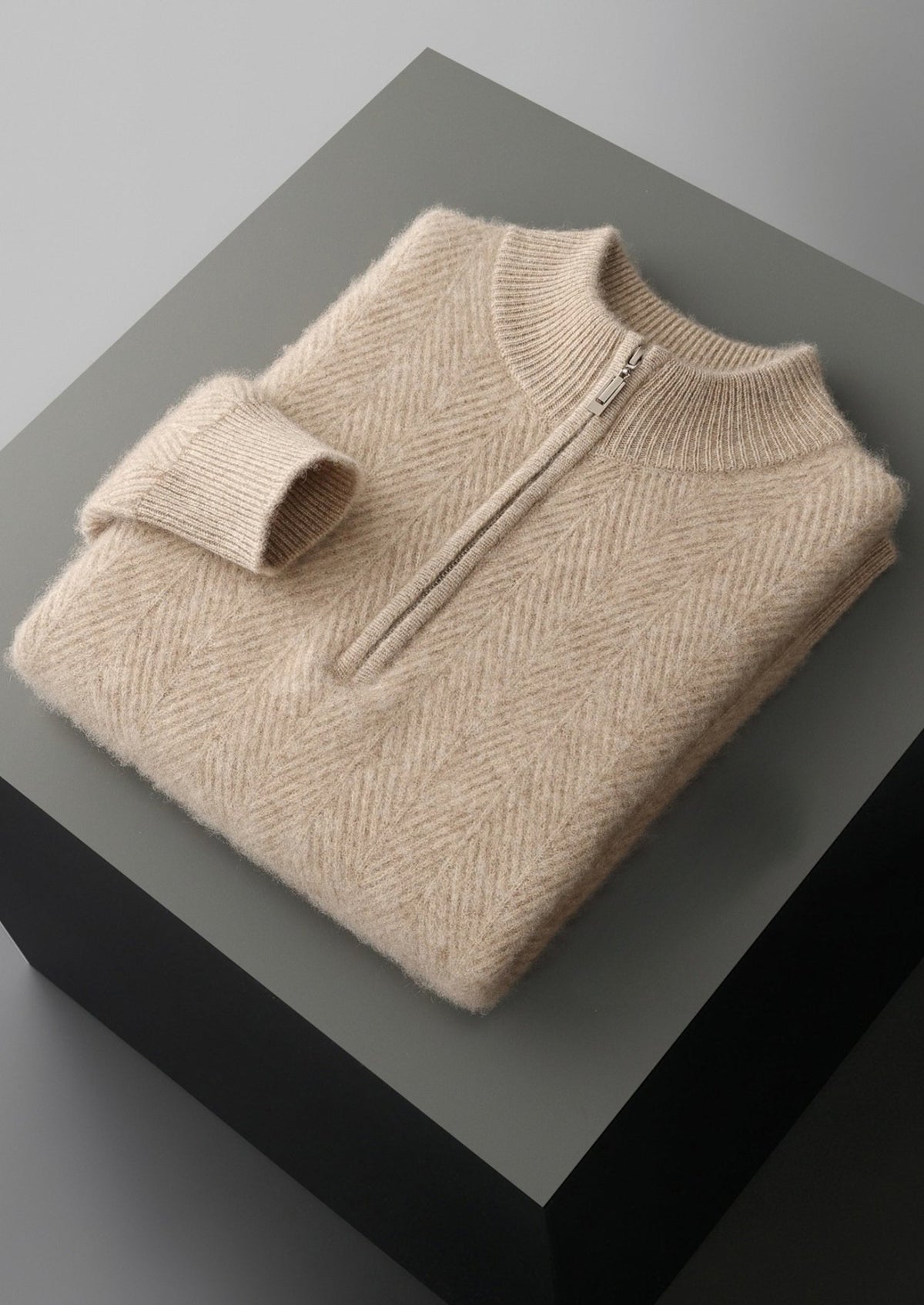 Pure Extra-Fine Merino Wool Herringbone Quarter Zip Sweater, view 3