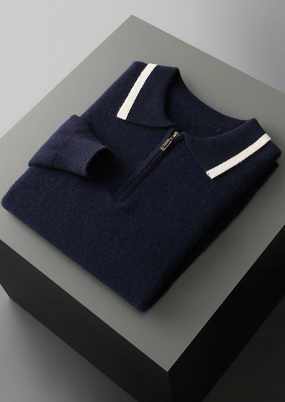 Pure Extra-Fine Merino Wool Contrast Zip Polo, view 18
