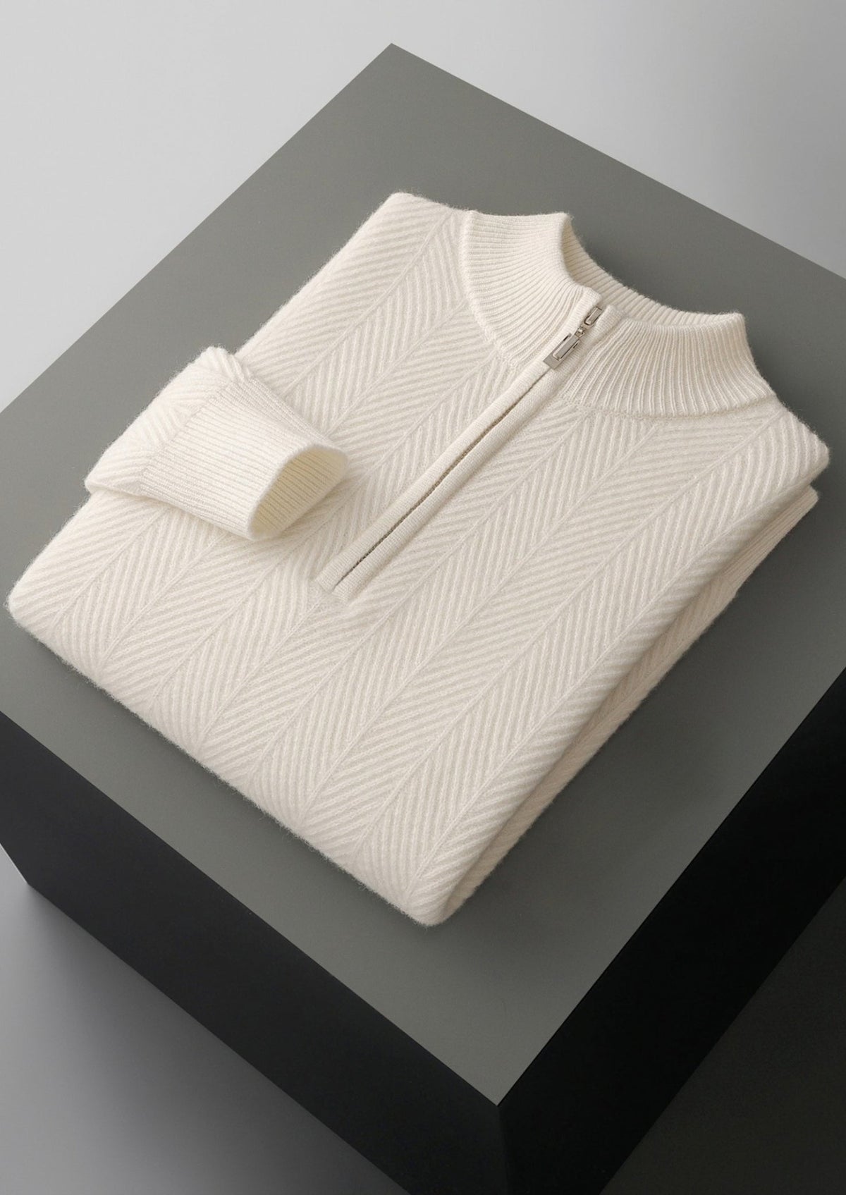 Pure Extra-Fine Merino Wool Herringbone Quarter Zip Sweater, view 19