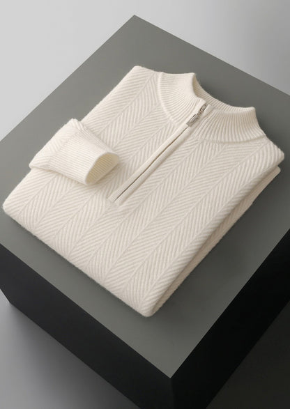Pure Extra-Fine Merino Wool Herringbone Quarter Zip Sweater, view 19