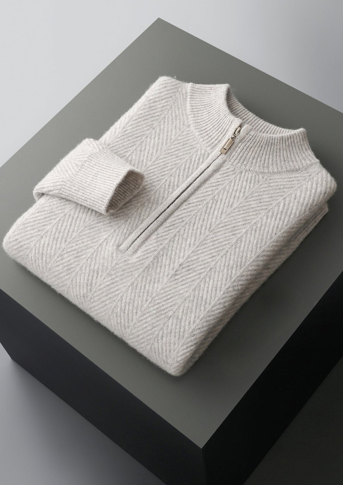 Pure Extra-Fine Merino Wool Herringbone Quarter Zip Sweater, view 17