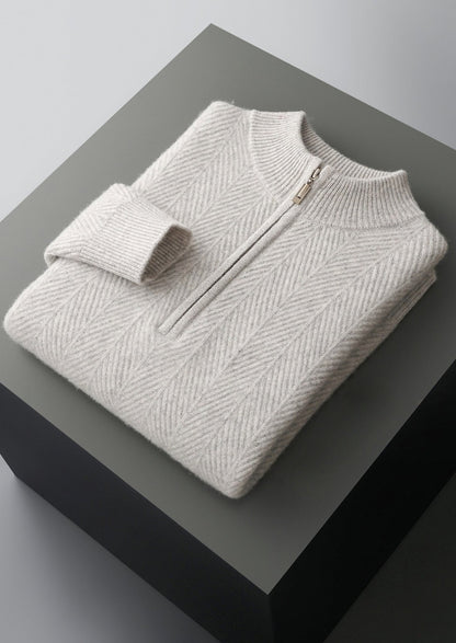 Pure Extra-Fine Merino Wool Herringbone Quarter Zip Sweater, view 17