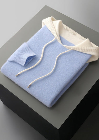 Pure Extra-Fine Merino Wool Two-Tone Leisure Hoodie, view 19