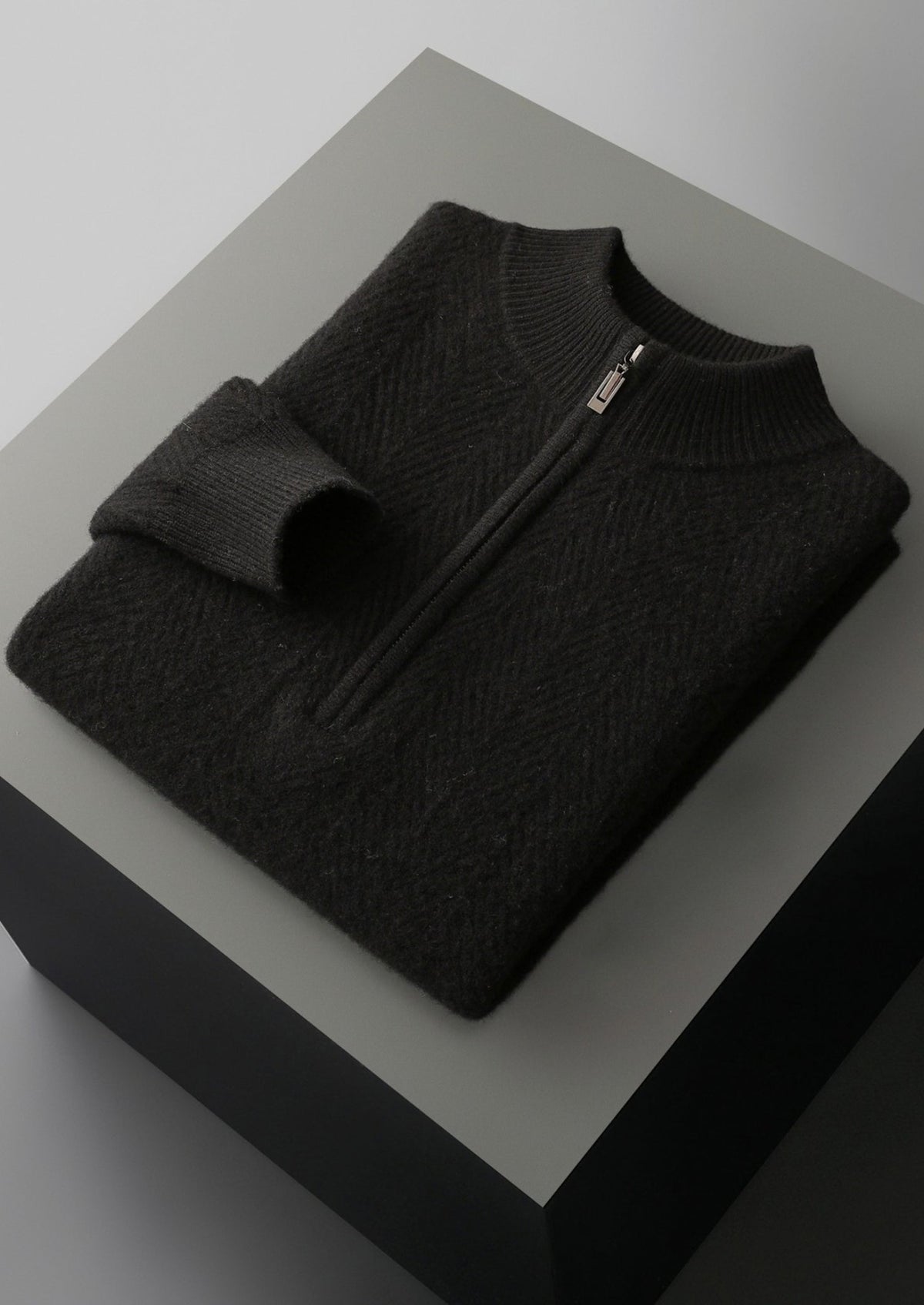 Pure Extra-Fine Merino Wool Herringbone Quarter Zip Sweater, view 18