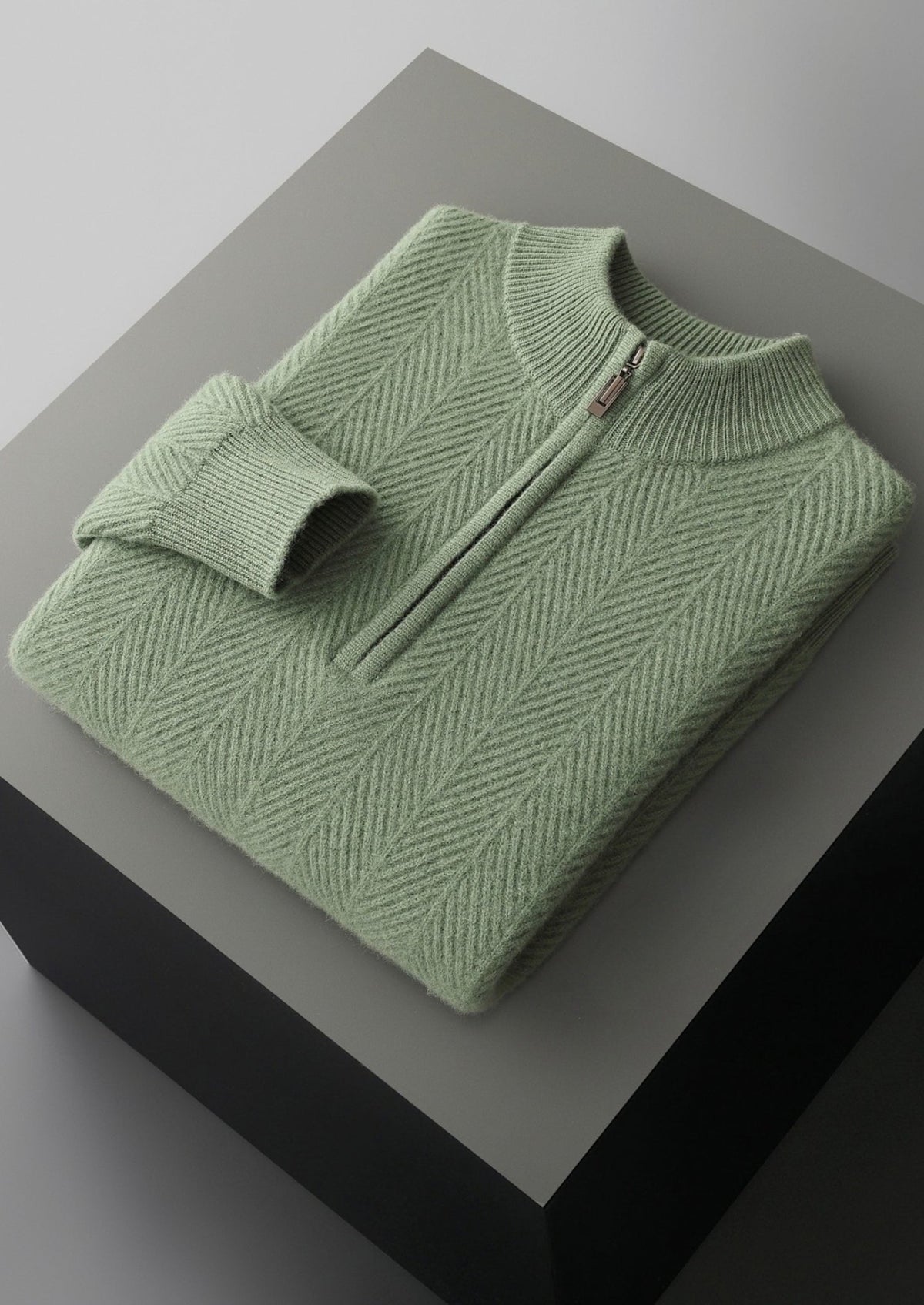 Pure Extra-Fine Merino Wool Herringbone Quarter Zip Sweater, view 16