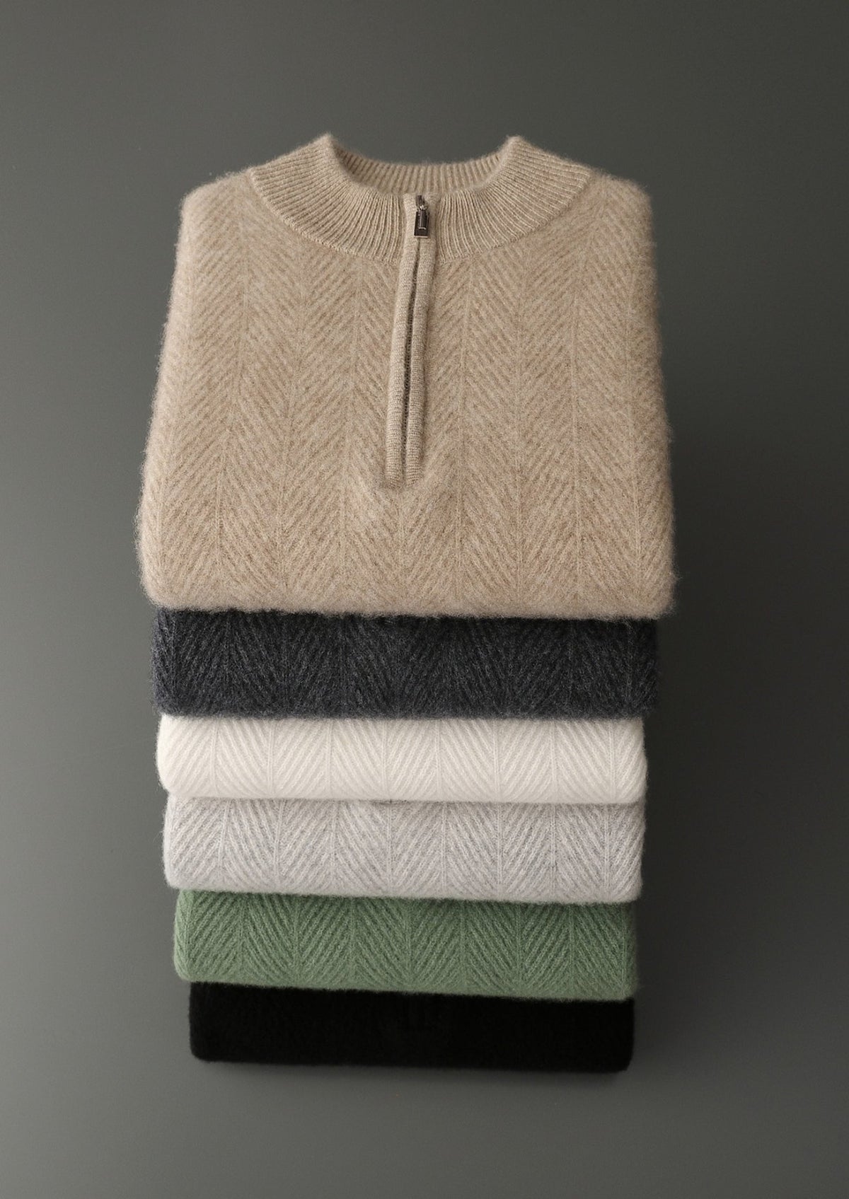 Pure Extra-Fine Merino Wool Herringbone Quarter Zip Sweater, view 20