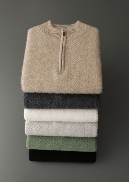 Pure Extra-Fine Merino Wool Herringbone Quarter Zip Sweater, view 20