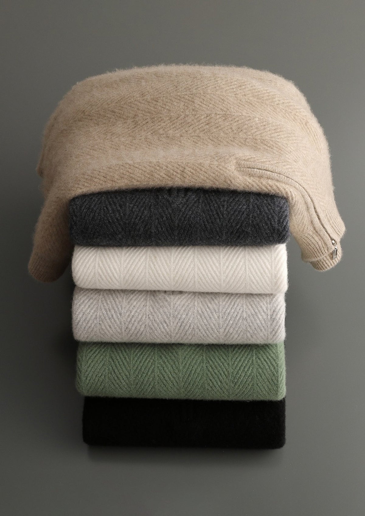 Pure Extra-Fine Merino Wool Herringbone Quarter Zip Sweater, view 22