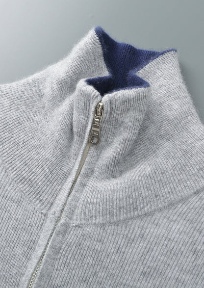 Pure Extra-Fine Merino Wool Two-Tone Funnel Neck Cardigan, view 5