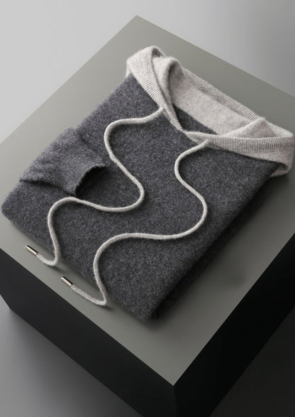 Pure Extra-Fine Merino Wool Two-Tone Leisure Hoodie, view 18