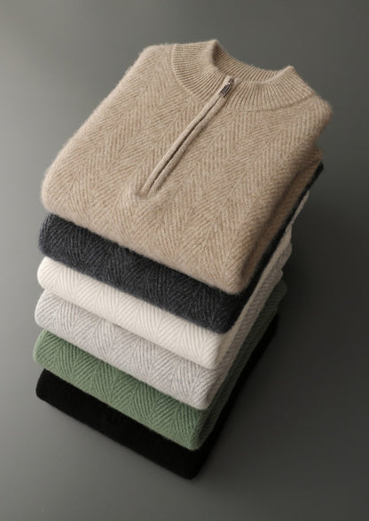 Pure Extra-Fine Merino Wool Herringbone Quarter Zip Sweater, view 21