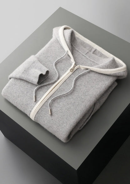 Pure Extra-Fine Merino Wool Contrast Zipper Hoodie, view 3