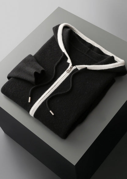 Pure Extra-Fine Merino Wool Contrast Zipper Hoodie, view 30