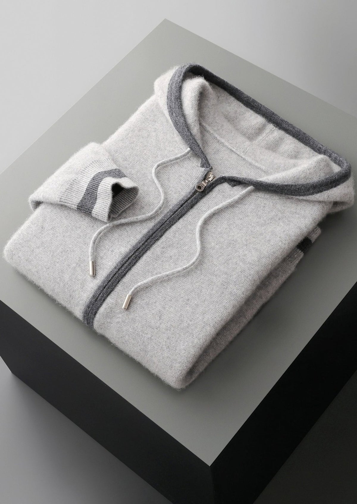 Pure Extra-Fine Merino Wool Two-Tone Zipper Hoodie, view 18