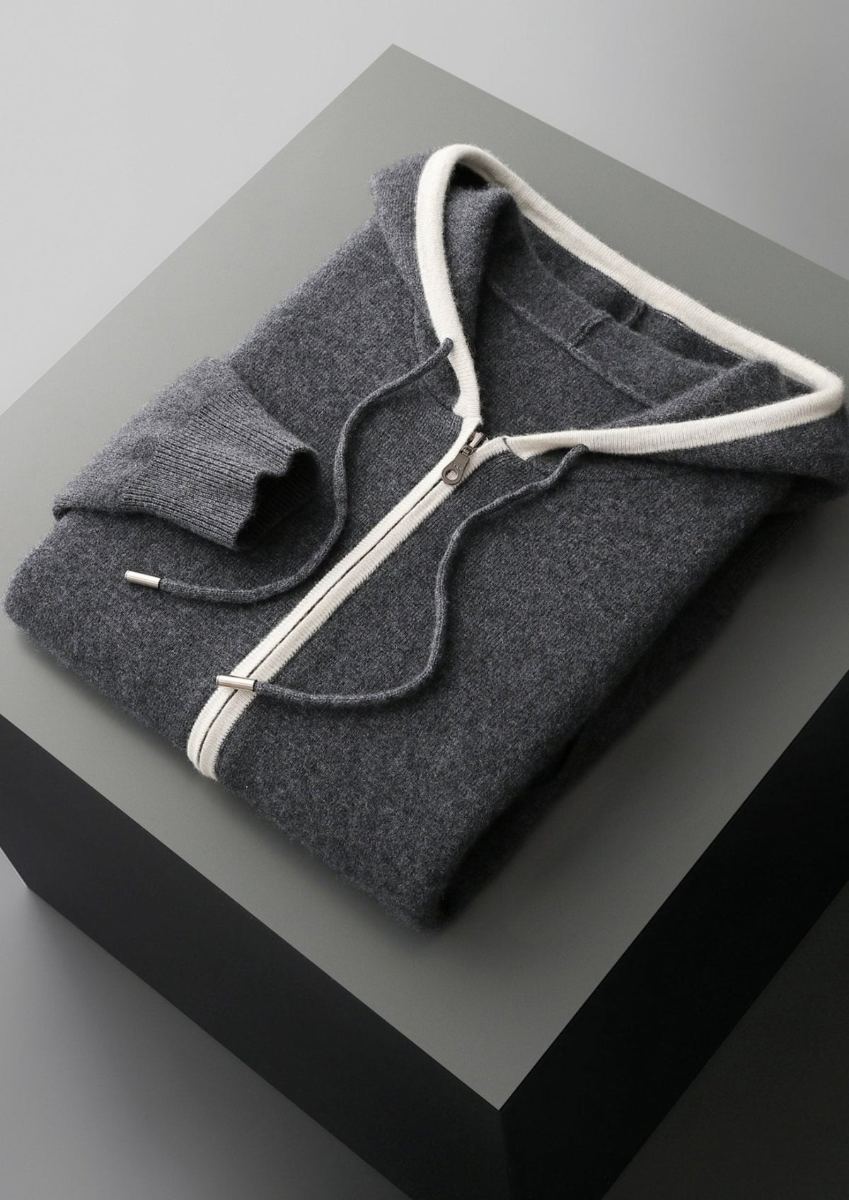 Pure Extra-Fine Merino Wool Contrast Zipper Hoodie, view 6