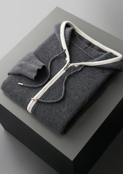 Pure Extra-Fine Merino Wool Contrast Zipper Hoodie, view 6