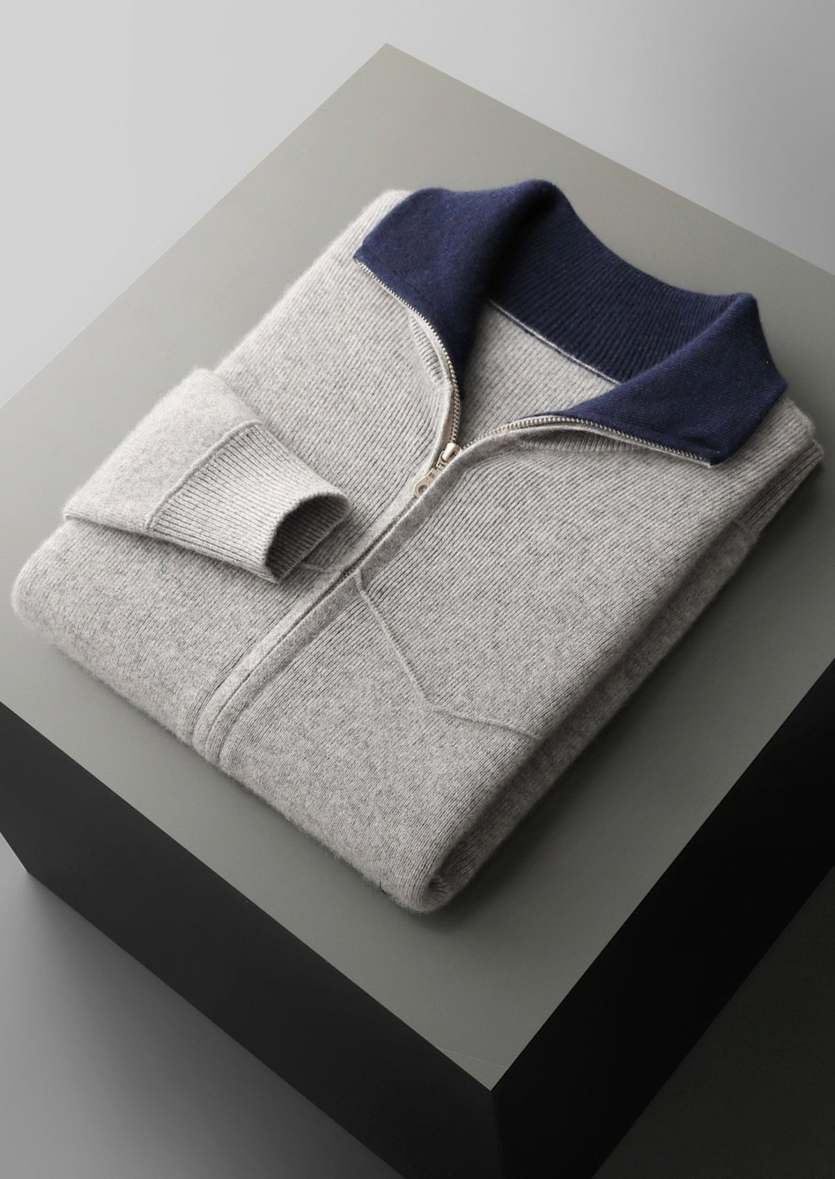 Pure Extra-Fine Merino Wool Two-Tone Funnel Neck Cardigan, view 3