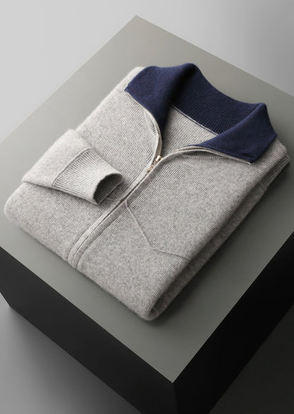 Pure Extra-Fine Merino Wool Two-Tone Funnel Neck Cardigan, view 3