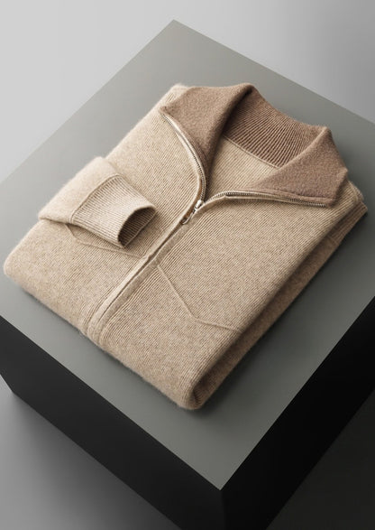 Pure Extra-Fine Merino Wool Two-Tone Funnel Neck Cardigan, view 14
