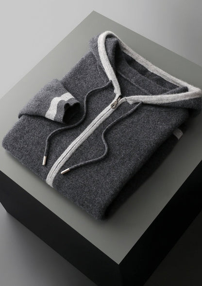 Pure Extra-Fine Merino Wool Two-Tone Zipper Hoodie, view 3