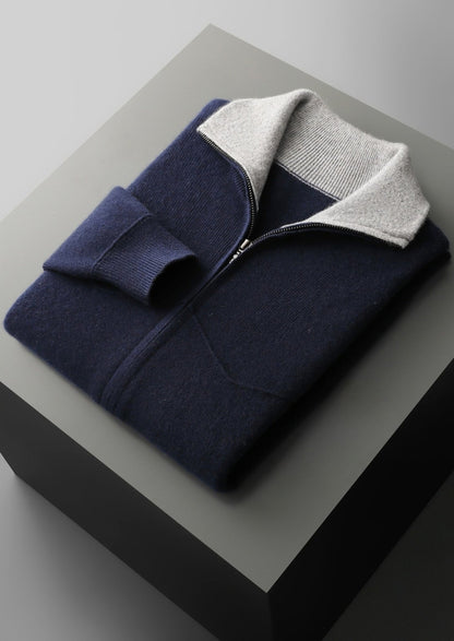 Pure Extra-Fine Merino Wool Two-Tone Funnel Neck Cardigan, view 24