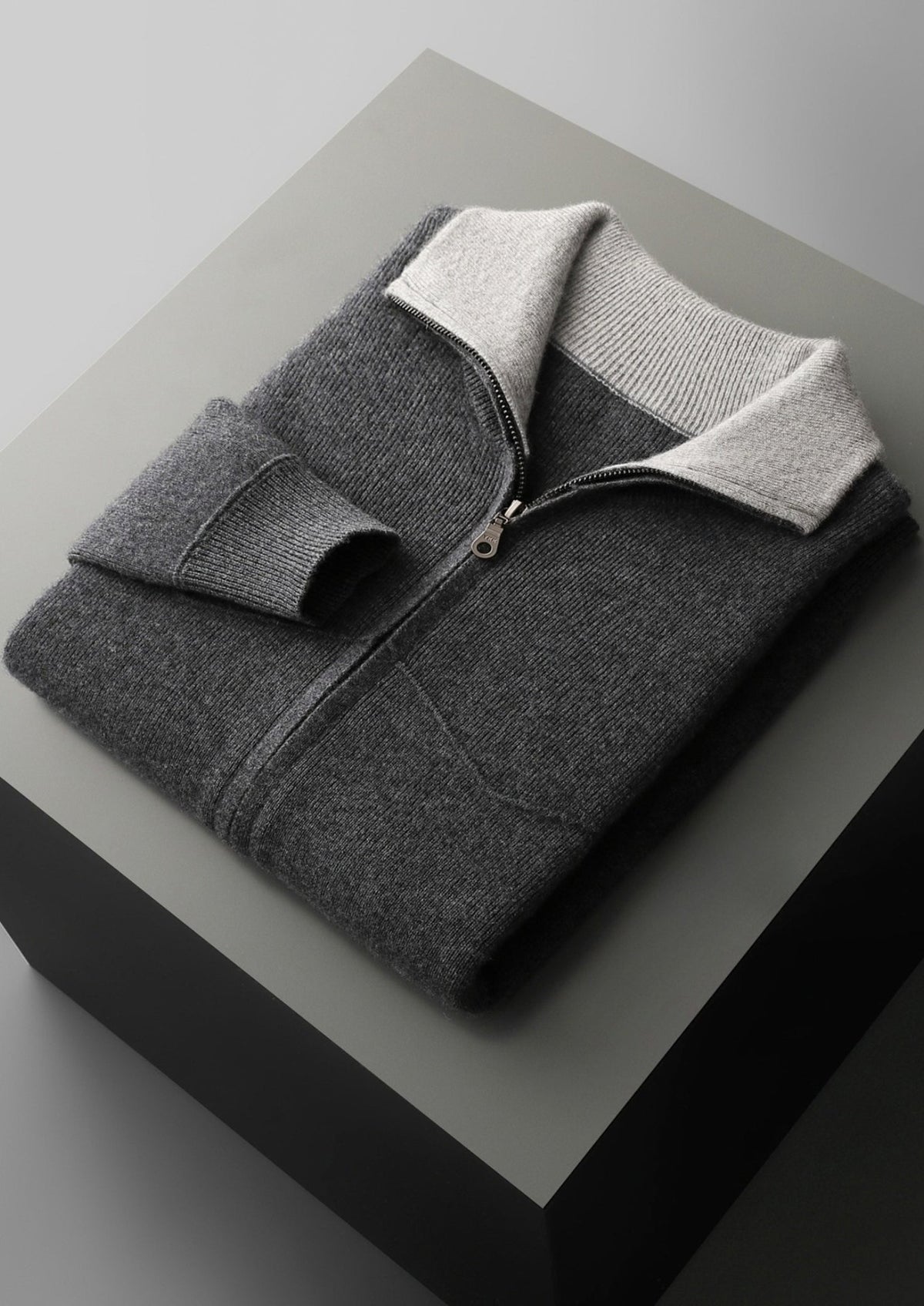Pure Extra-Fine Merino Wool Two-Tone Funnel Neck Cardigan, view 25