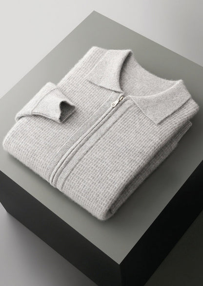 Pure Extra-Fine Merino Wool Textured Zip Polo Cardigan, view 3
