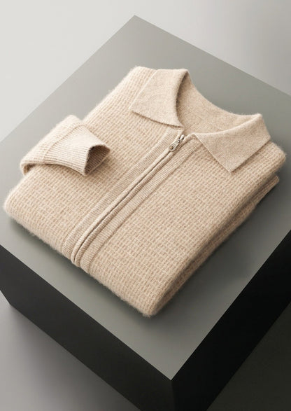 Pure Extra-Fine Merino Wool Textured Zip Polo Cardigan, view 6