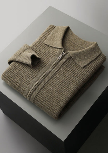 Pure Extra-Fine Merino Wool Textured Zip Polo Cardigan, view 18