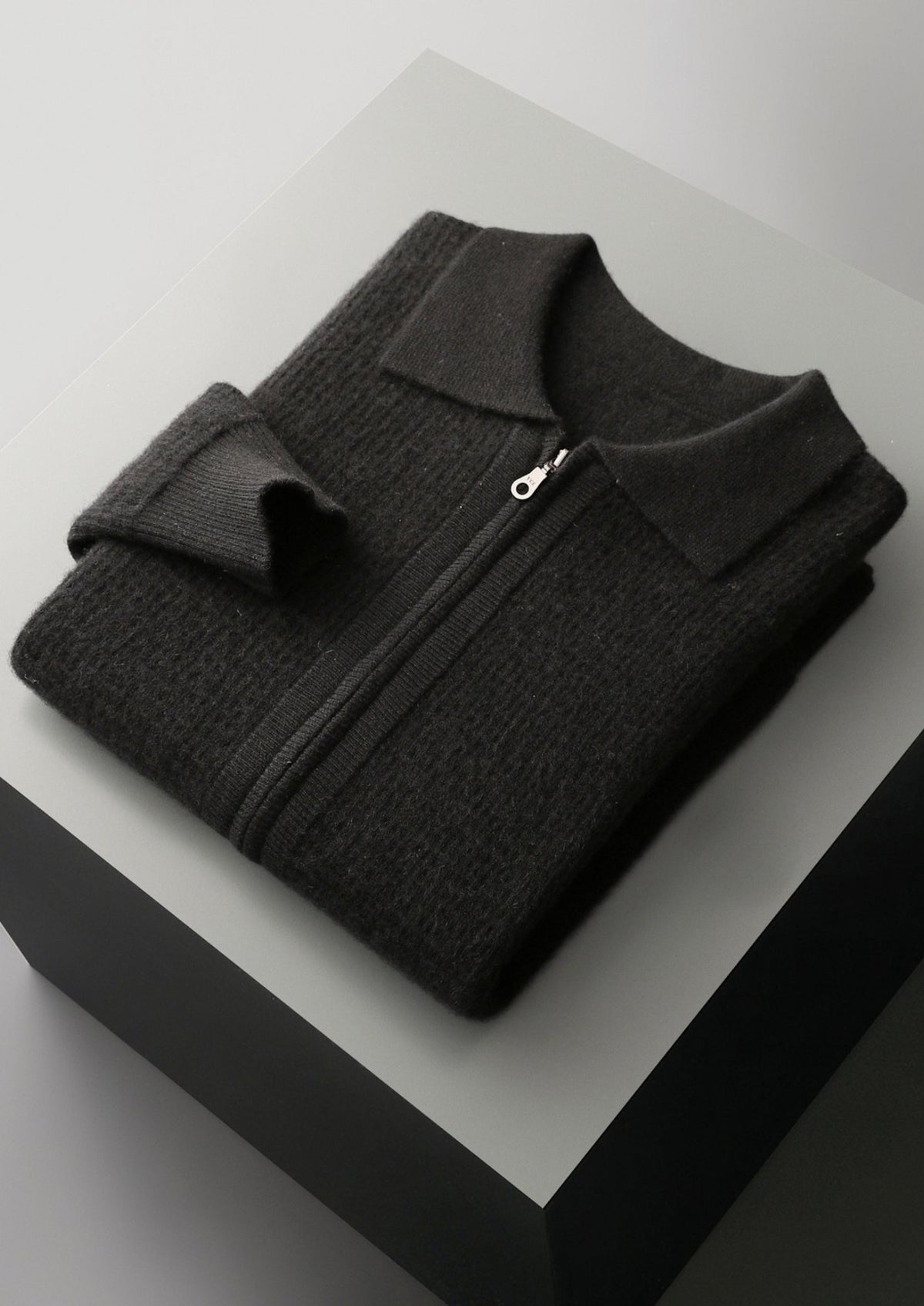 Pure Extra-Fine Merino Wool Textured Zip Polo Cardigan, view 16