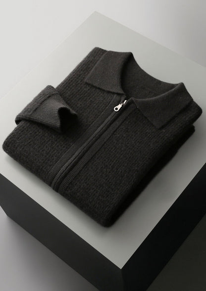 Pure Extra-Fine Merino Wool Textured Zip Polo Cardigan, view 16