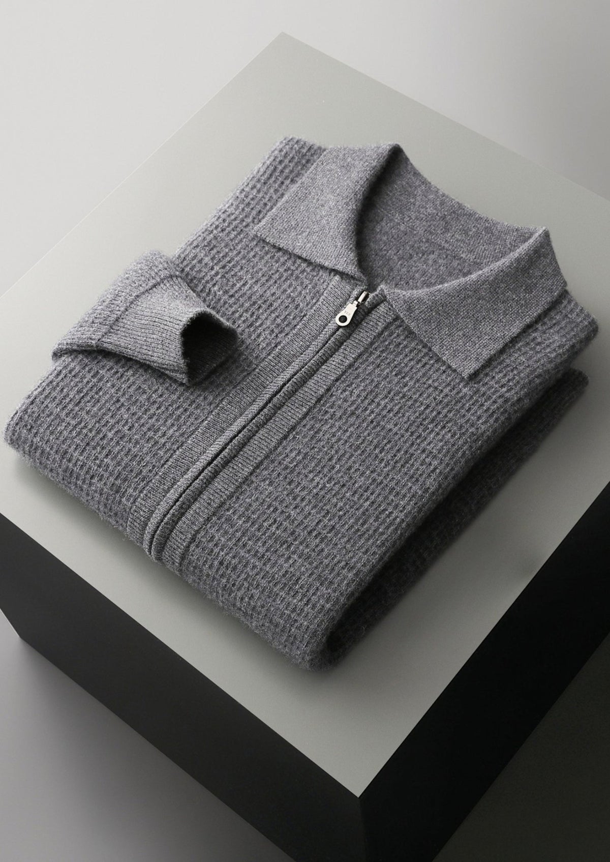 Pure Extra-Fine Merino Wool Textured Zip Polo Cardigan, view 17