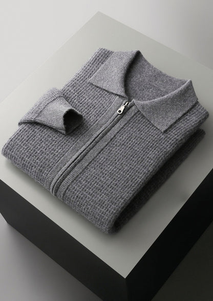 Pure Extra-Fine Merino Wool Textured Zip Polo Cardigan, view 17