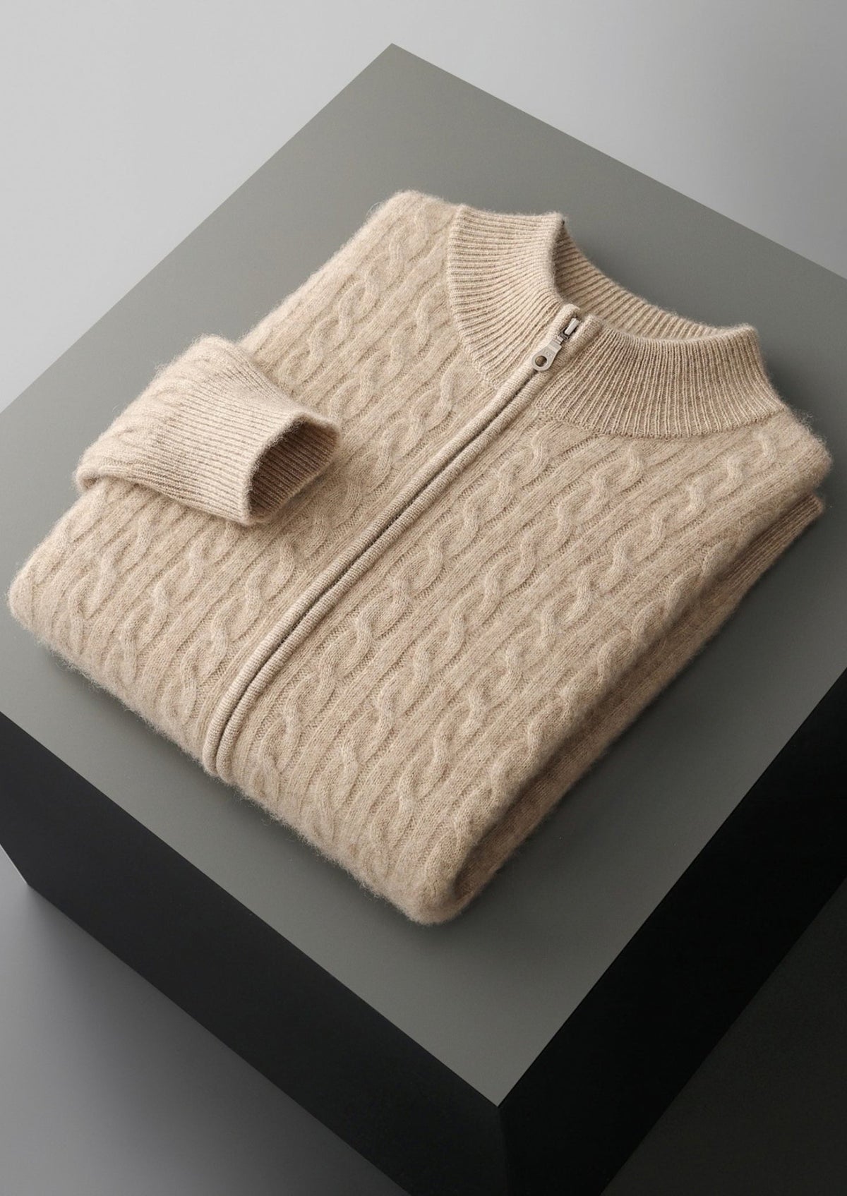 Pure Extra-Fine Merino Wool Cable Knit Zip Cardigan, view 3