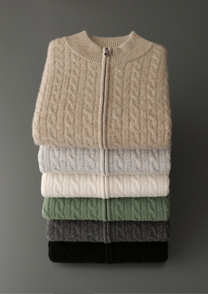 Pure Extra-Fine Merino Wool Cable Knit Zip Cardigan, view 17