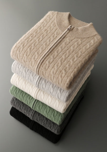 Pure Extra-Fine Merino Wool Cable Knit Zip Cardigan, view 18