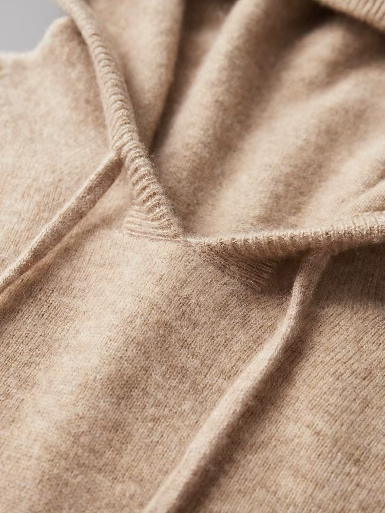 Pure Extra-Fine Merino Wool Beige Leisure Hoodie, view 3