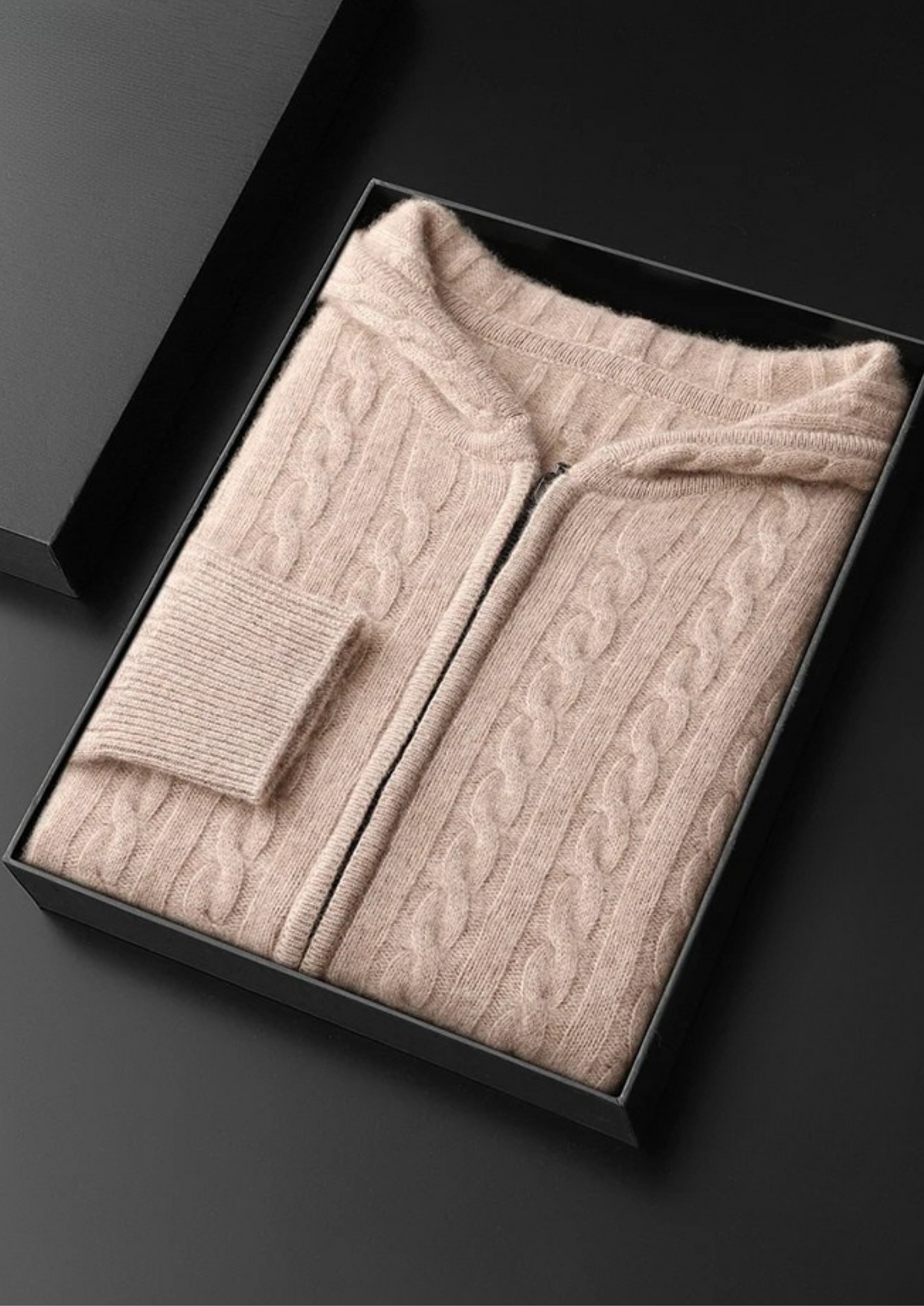 Premium Cashmere Cable Knit Zipper Hoodie, view 9