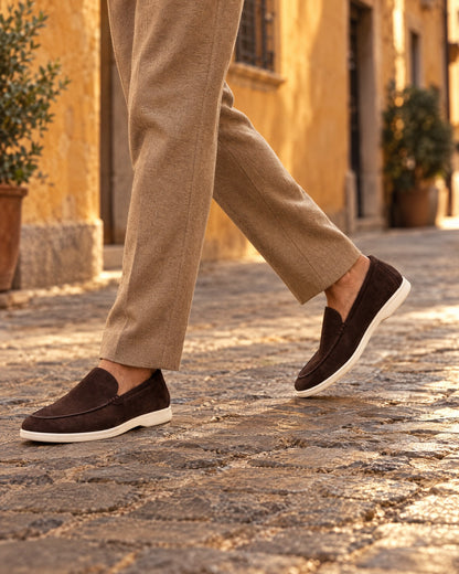Anzio Loafer Coffee worn, editorial scene