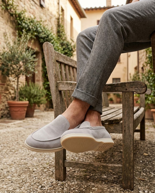 Anzio Loafer Fog Grey worn, editorial scene