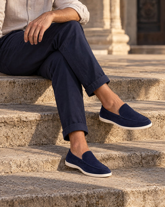 Anzio Loafer Navy worn, editorial scene